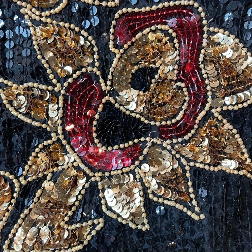 Europeen Vintage Black Sequin‎ Floral Embellished Top Blouse - Picture 8 of 8